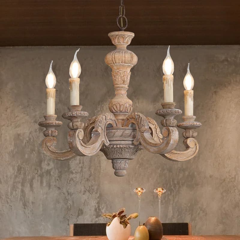 Antique Wooden Retro Chandelier European Style Hanging Lamp With Carved Candles For Farmhouse Living Room Bedroom
