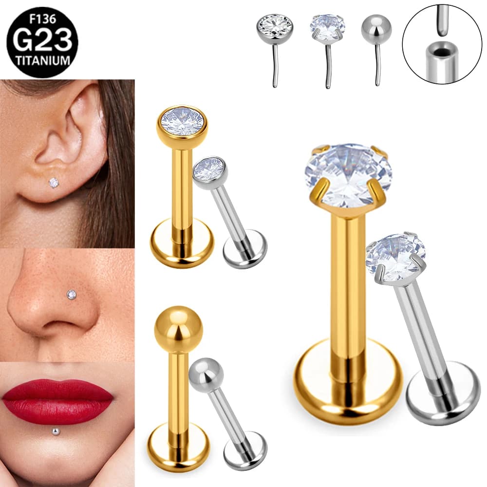 F136 G23 Implant Grade Titanium Hypoallergenic Threadless Flat Back Labret Stud Earrings Nose Lip Ring CZ Body Piercing Jewelry