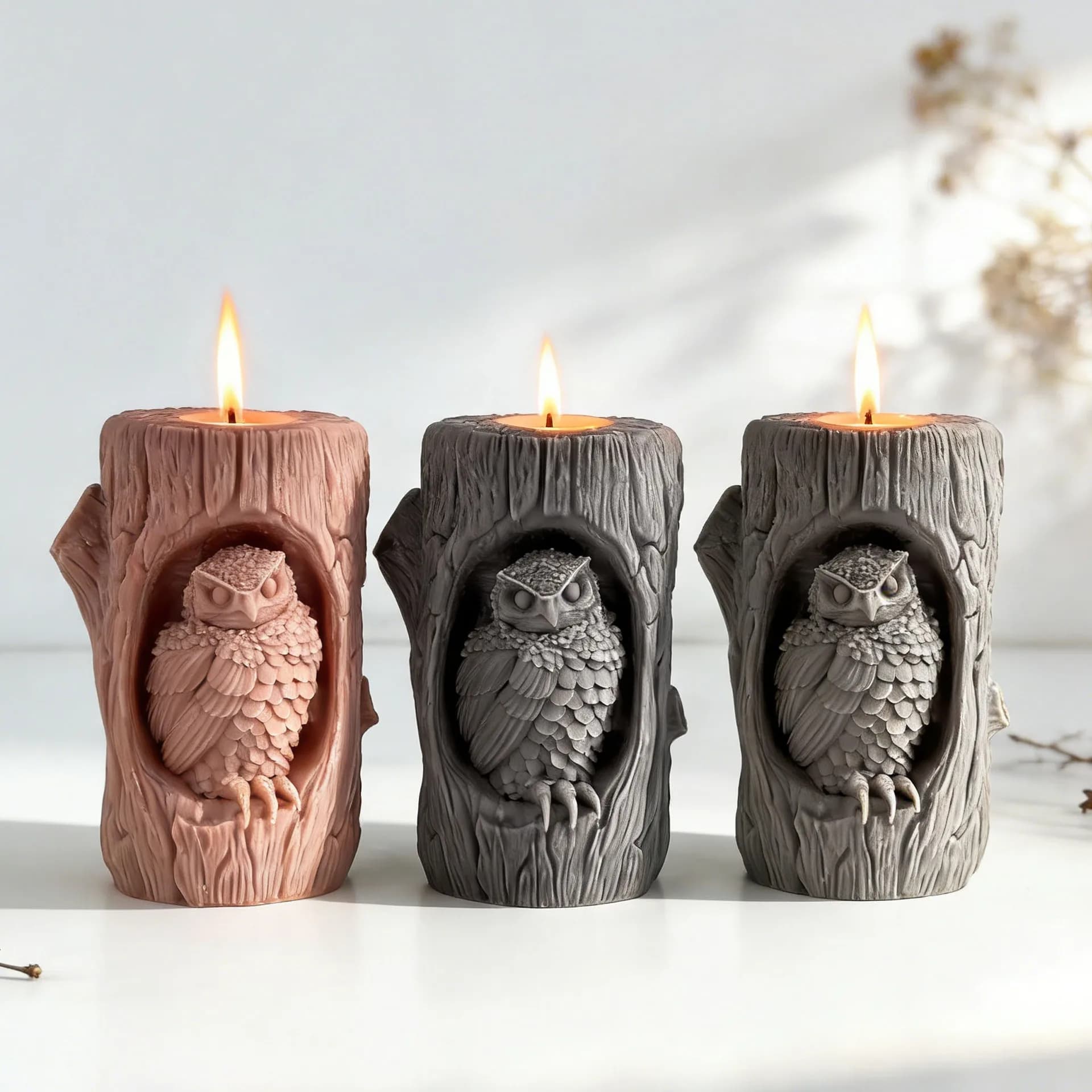 Stampo in silicone a forma di gufo su tronco d'albero per candele, gesso aromatizzato fatto a mano, stampo in gesso con venature del legno per decorazioni e artigianato