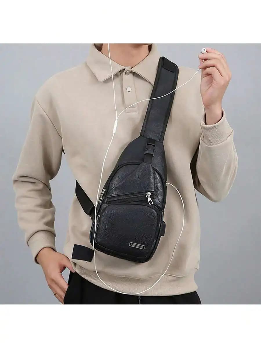 Mens PU Leather Sling Bag With USB Port Lightweight Crossbody Chest Bag For Travel Gym Outdoor