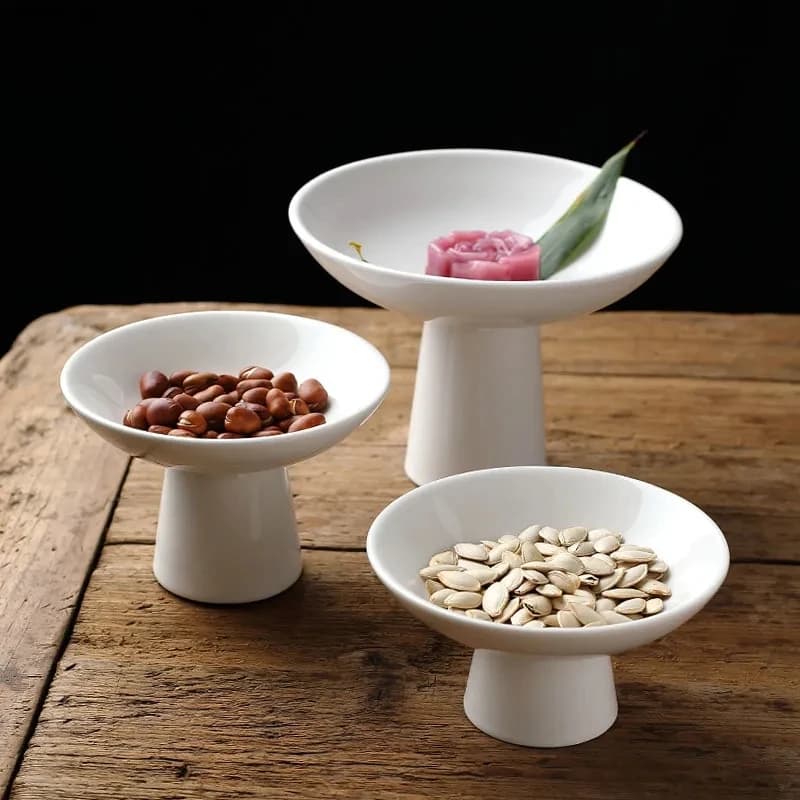 Piatto in Ceramica Bianca con Piedini Alti, Vassoio per Rinfreschi, Piatto Rotondo per Frutta Secca e Snack, Piatto da Dessert, Piatto per Torte