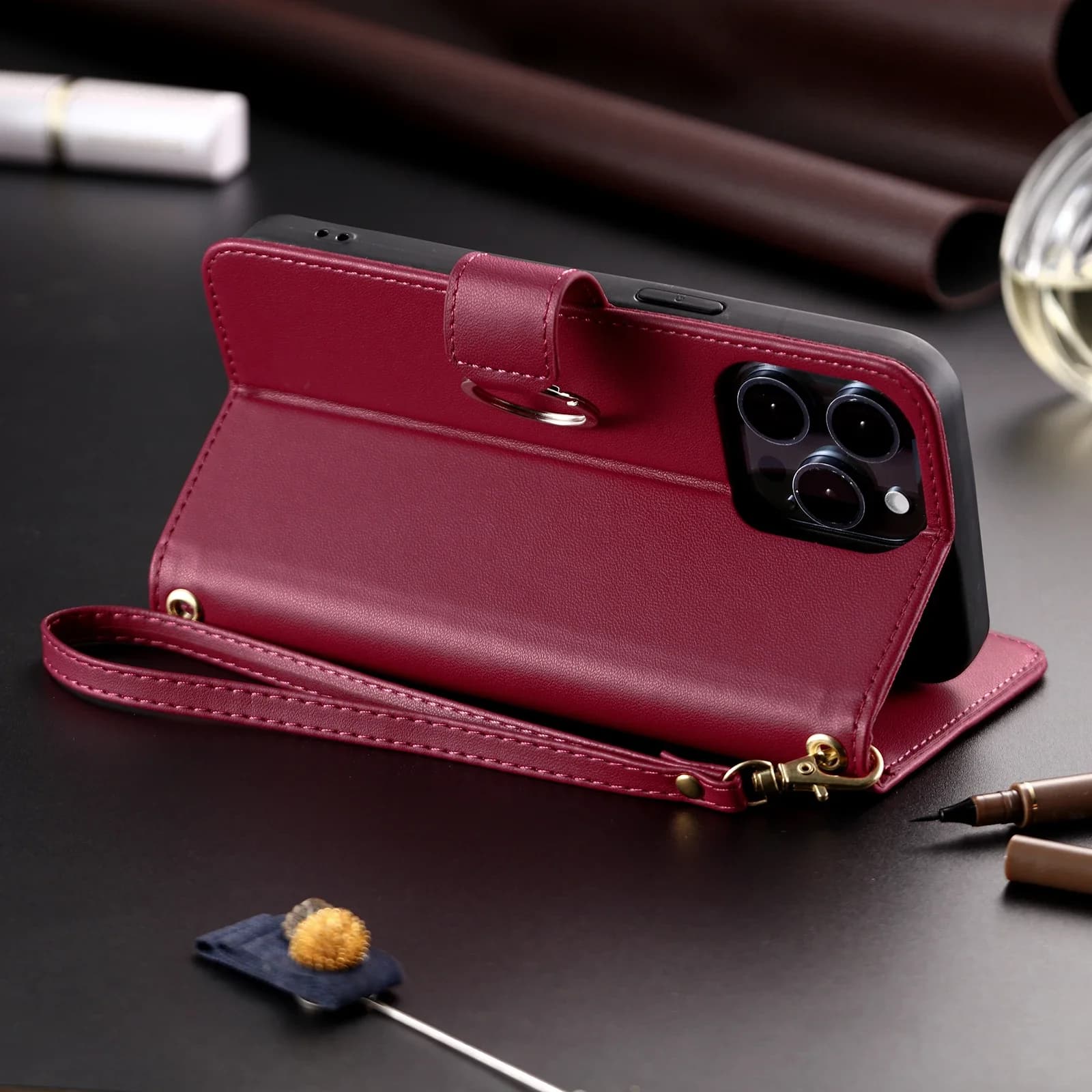 Flip leather phone case for iPhone 17 Air 16 15 Pro Max 16E 14 13 12 11 Pro XS Max XR SE 8 7 Plus Wallet card case with long cord