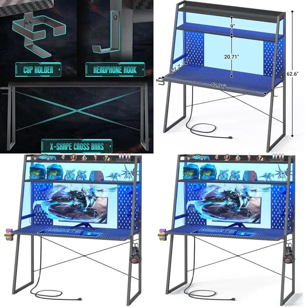 Scrivania da gaming illuminata a LED con spazio di archiviazione e prese di corrente, scrivania compatta con pannello forato per piccoli spazi, 43