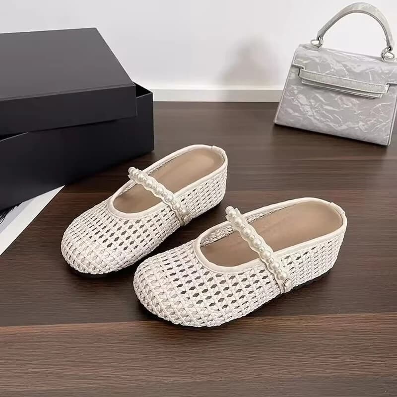Mules da donna intrecciate estive, sandali piatti traspiranti con punta chiusa, eleganti ciabatte da giardino per esterni