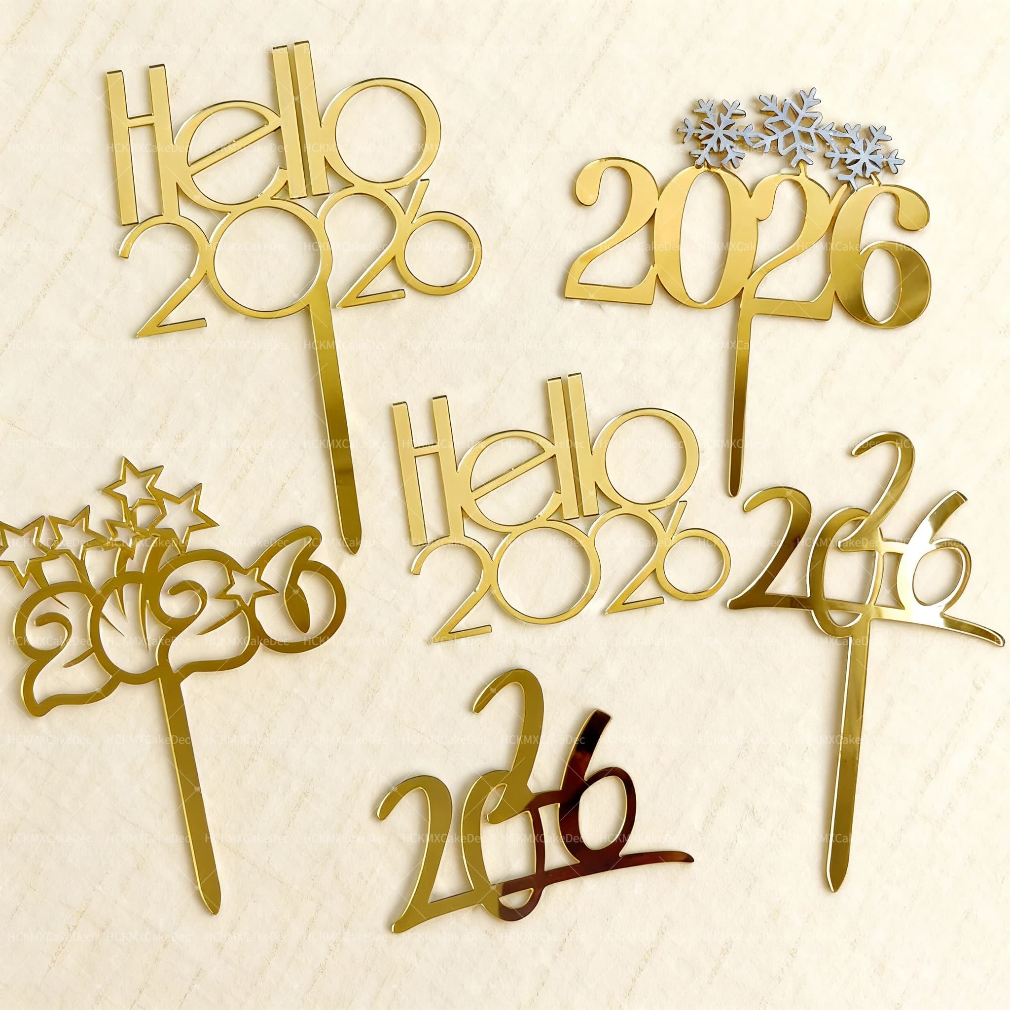 3 pezzi di topper per torta in acrilico dorato Hello Happy New Year 2026 per forniture per decorazioni per torte fai da te per feste di Capodanno