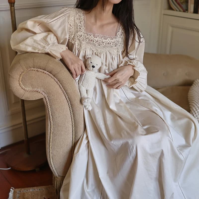 Camicie da notte vintage in puro cotone da donna Abito autunnale Camicia da notte Abito da notte lungo Indossare camicia da notte da notte da principessa romantica vittoriana