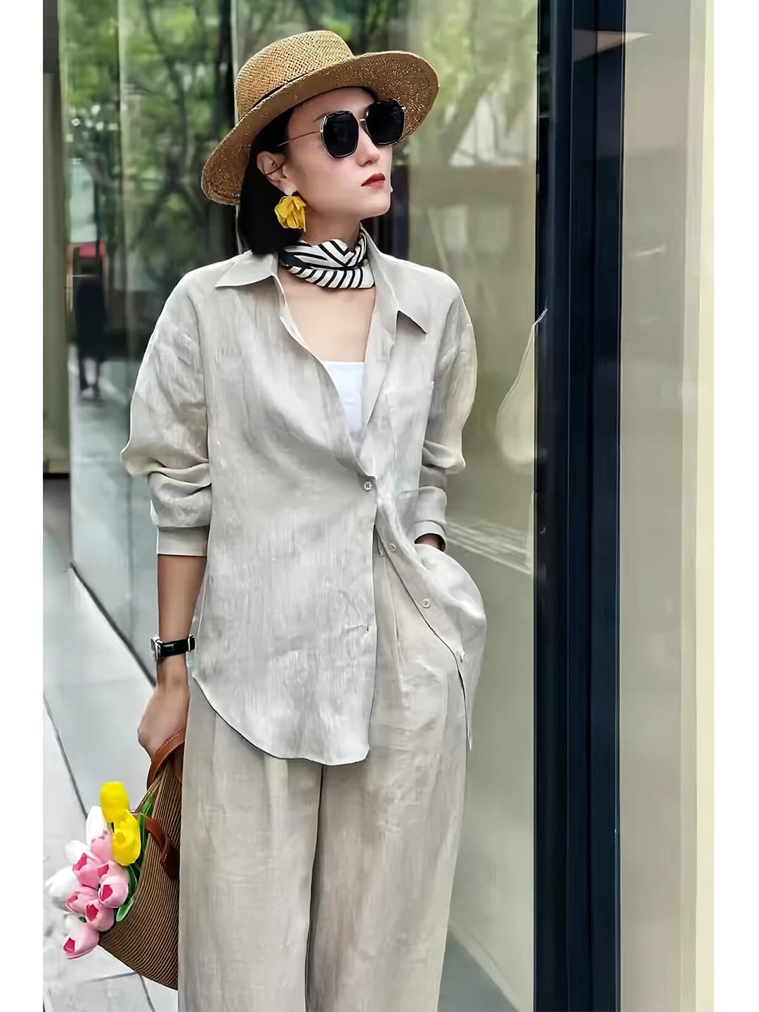 High-End Linen Shirt Casual Women's Fashion Set Summer New Style Cotton Linen Sunscreen Casual Pants Two-Piece Set