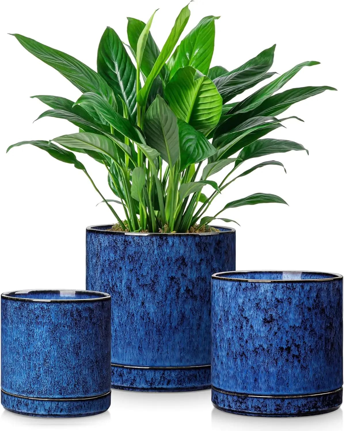 Set di 3 Vasi in Ceramica con Drenaggio, 4.25-6.25 Pollici, Vasi da Interno per Piante Grasse, Pothos, Sansevieria (Blu)