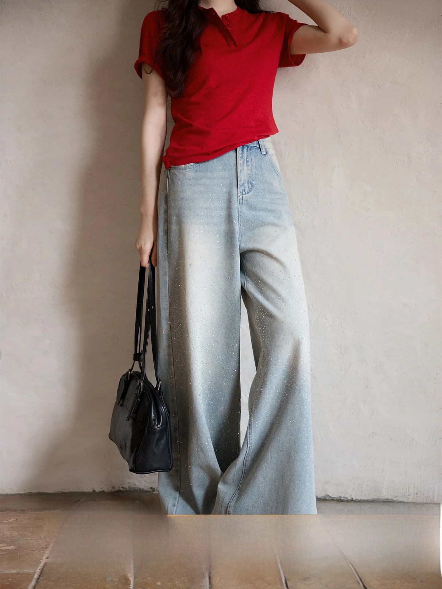 Jeans a gamba larga stile coreano per la primavera, da donna, a vita alta, comodi, traspiranti, alla moda, in denim azzurro.