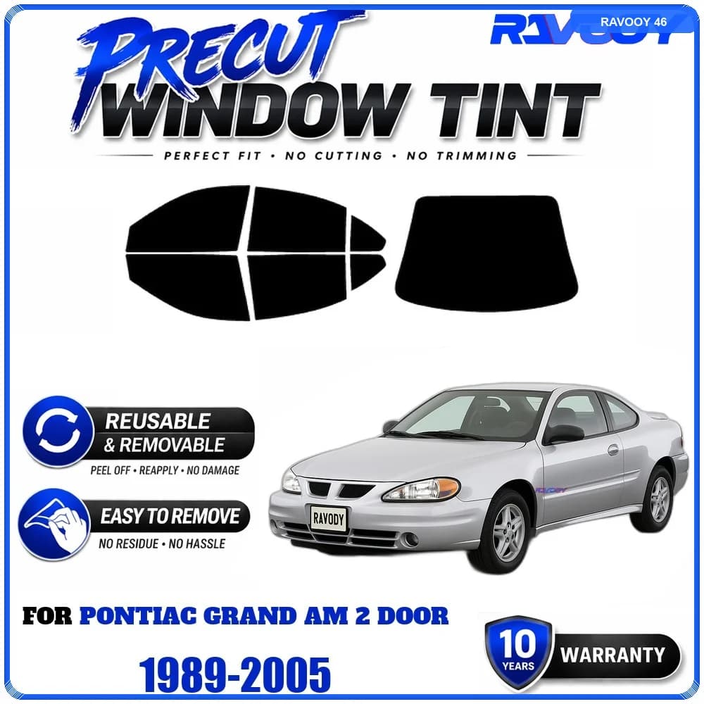 RAVOOY Precut Window Tint, Reusable Removable EPU Film, Custom Fit for Pontiac Grand Am 2 Door 1989-2005, UV Heat Protection