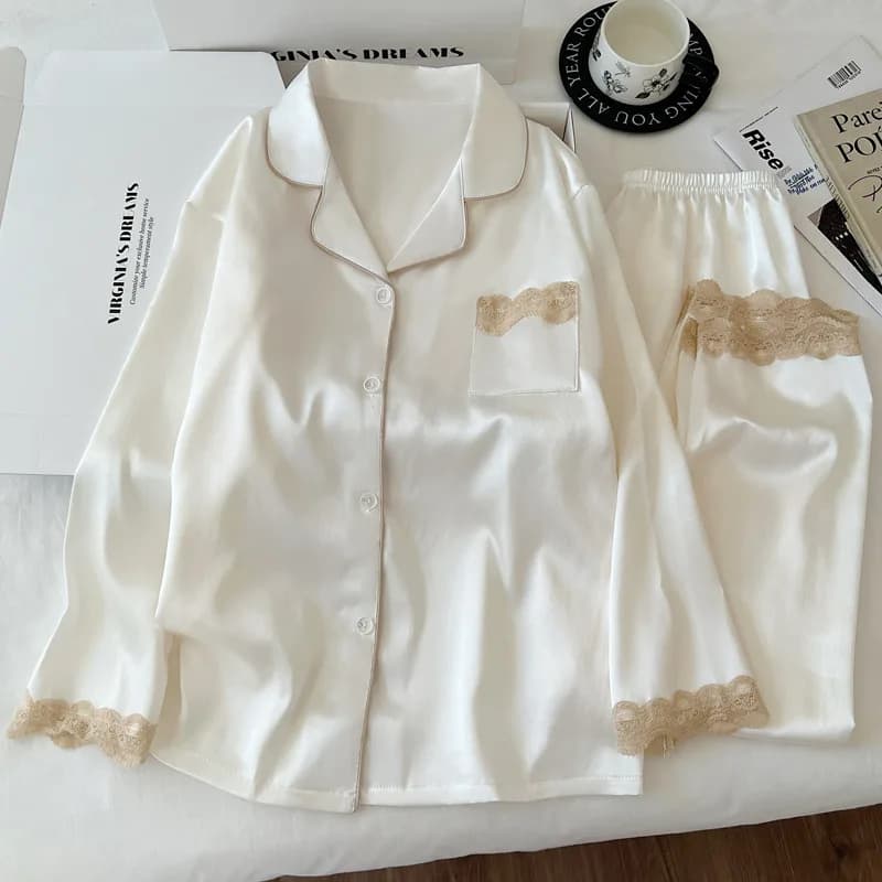 New Ice Silk Women's Pajamas for Spring and Autumn, High-End Solid Color with Lace Trim, Long-Sleeve Thin Set, Homewear Set