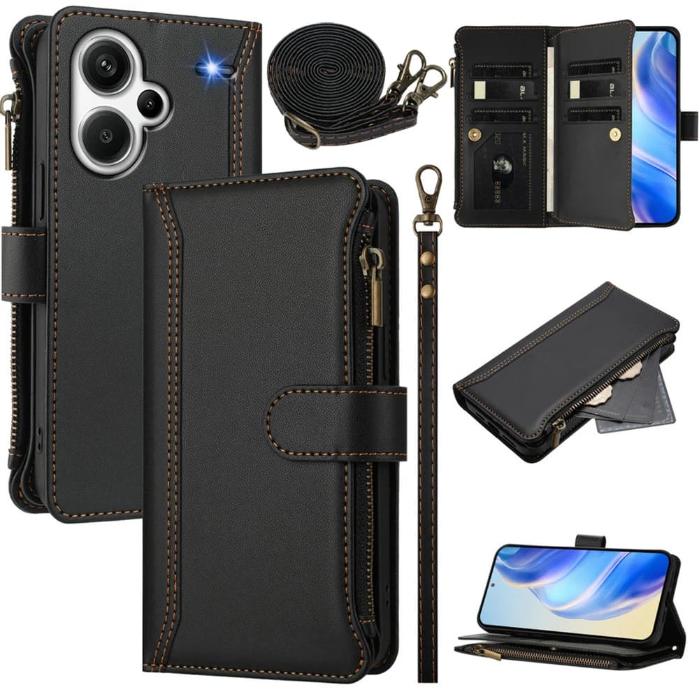 For Xiaomi Redmi Note 13 Pro 5G 4G Crossbody 9-Card Zipper Leather Case For Redmi Note 13 12 11 Pro Plus 12S 11S 11T 11E Cover