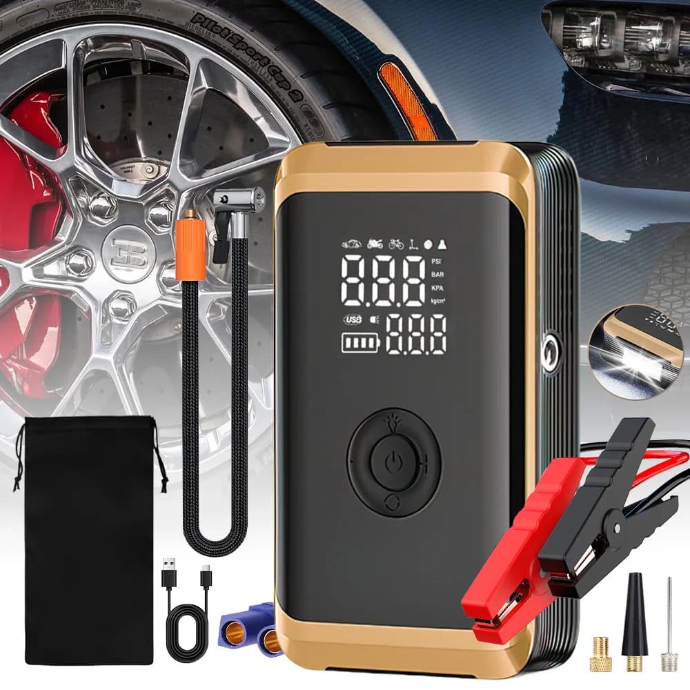 Avviatore di emergenza 4 in 1 per auto, pompa ad aria, power bank portatile, compressore d'aria elettrico per auto con display digitale per auto e moto