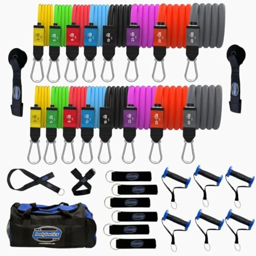 Set di bande elastiche per allenamento a casa con materiale in lattice, colore nero, tecnologia brevettata per un controllo della tensione sicuro e fluido.
