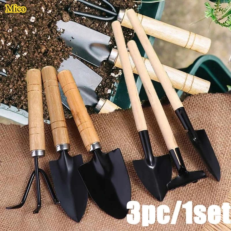 Set di 3 mini attrezzi da giardinaggio con manici in legno, pala e rastrello portatili per la coltivazione indoor e la cura dei fiori