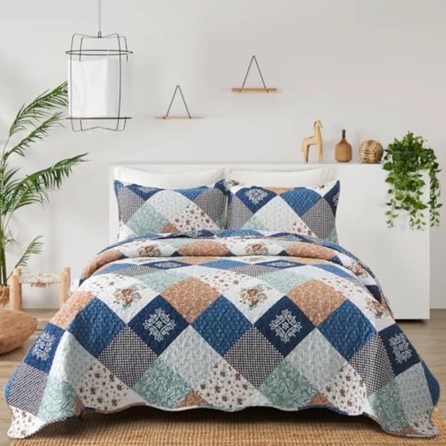 Set Copriletto Reversibile Patchwork Grigio con Motivo Floreale, Set Copriletto Morbido in Microfibra, Set Letto 3 Pezzi