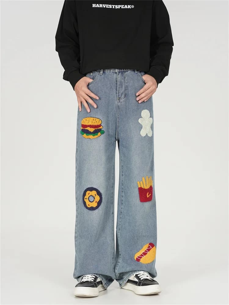 Jeans Ricamati Creativi Stile Americano, Pantaloni Larghi a Gamba Larga, Design Street Style per Uomo e Donna, Leggings Casual