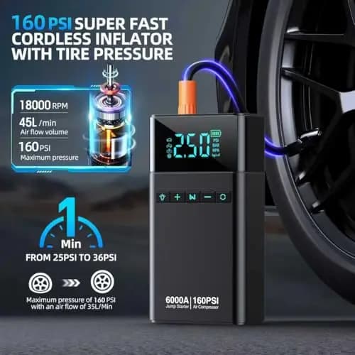 Avviatore di Emergenza Portatile 10-in-1 da 6000A e Compressore d'Aria da 160 PSI per Veicoli a Benzina 12V con Cavi e Luce LED
