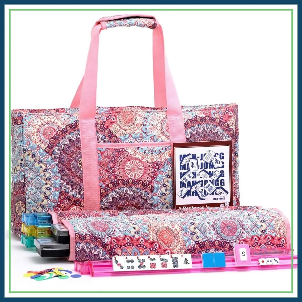 Set di Tessere Mahjong Americano con Borsa Rosa Stampata, 166 Tessere Blu, 4 Supporti/Spingitori Tutto-in-Uno, Gioco da Viaggio