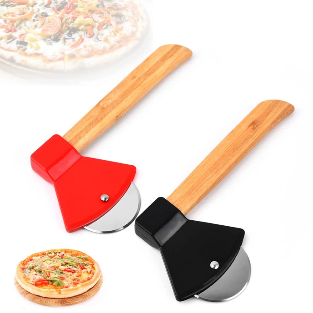Ruota per pizza con manico in bambù Affettatrice per pizza a forma di ascia in acciaio inossidabile per pizza, torte, cialde, pasta, accessori da cucina