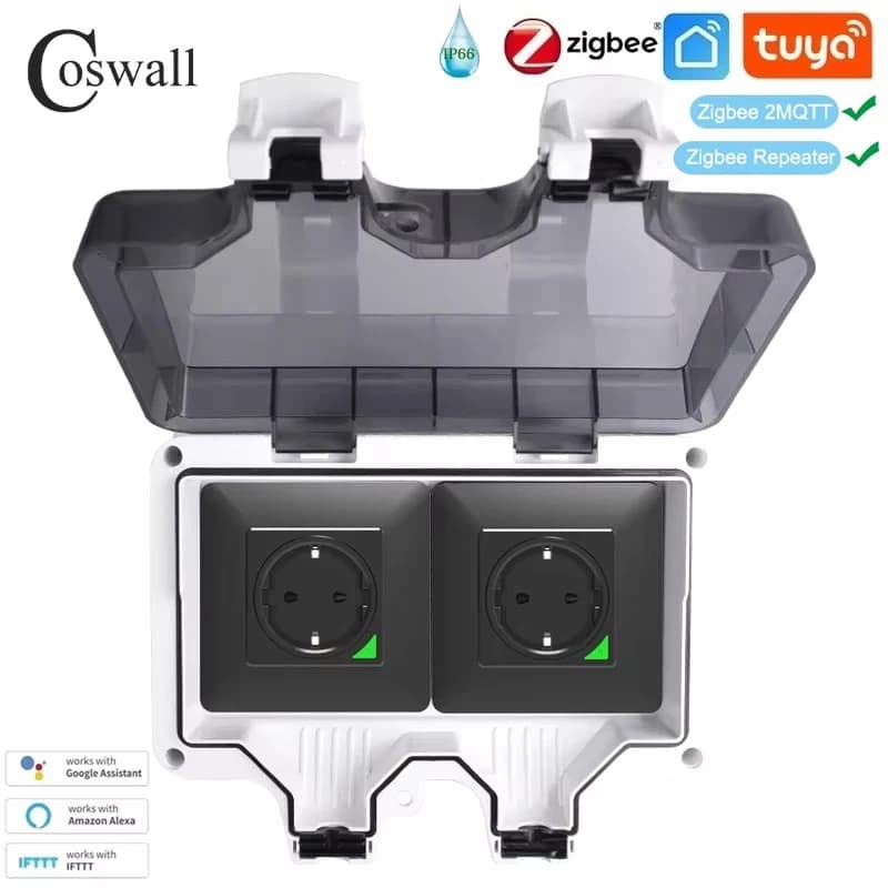 Coswall Tuya Zigbee / WIFI IP66 Waterproof EU FR UK Universal Timer programmable socket with power monitoring function