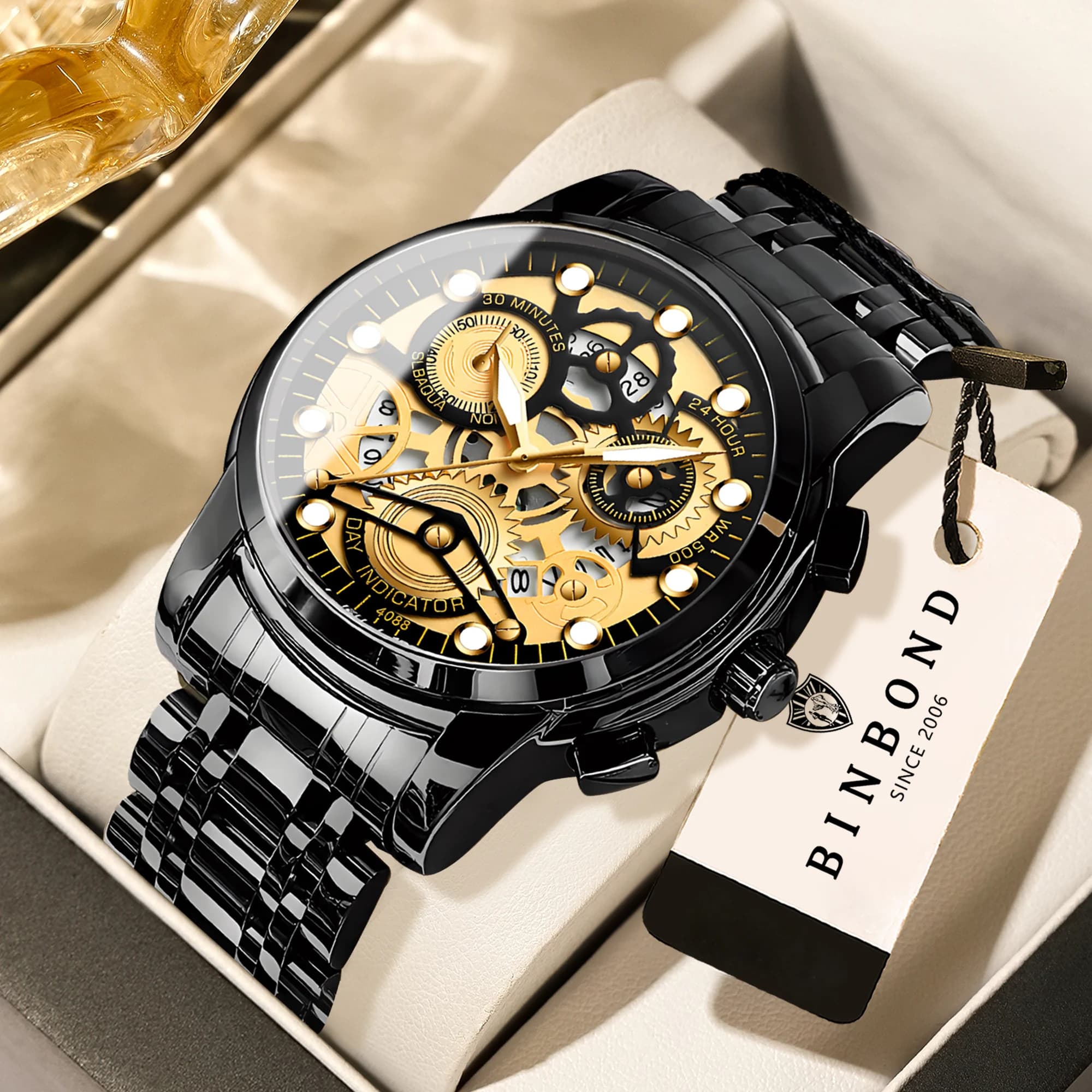Orologi da polso al quarzo di lusso BINBOND per uomo, luminosi, impermeabili, con data automatica, orologio da uomo per affari, sport, moda, casual.