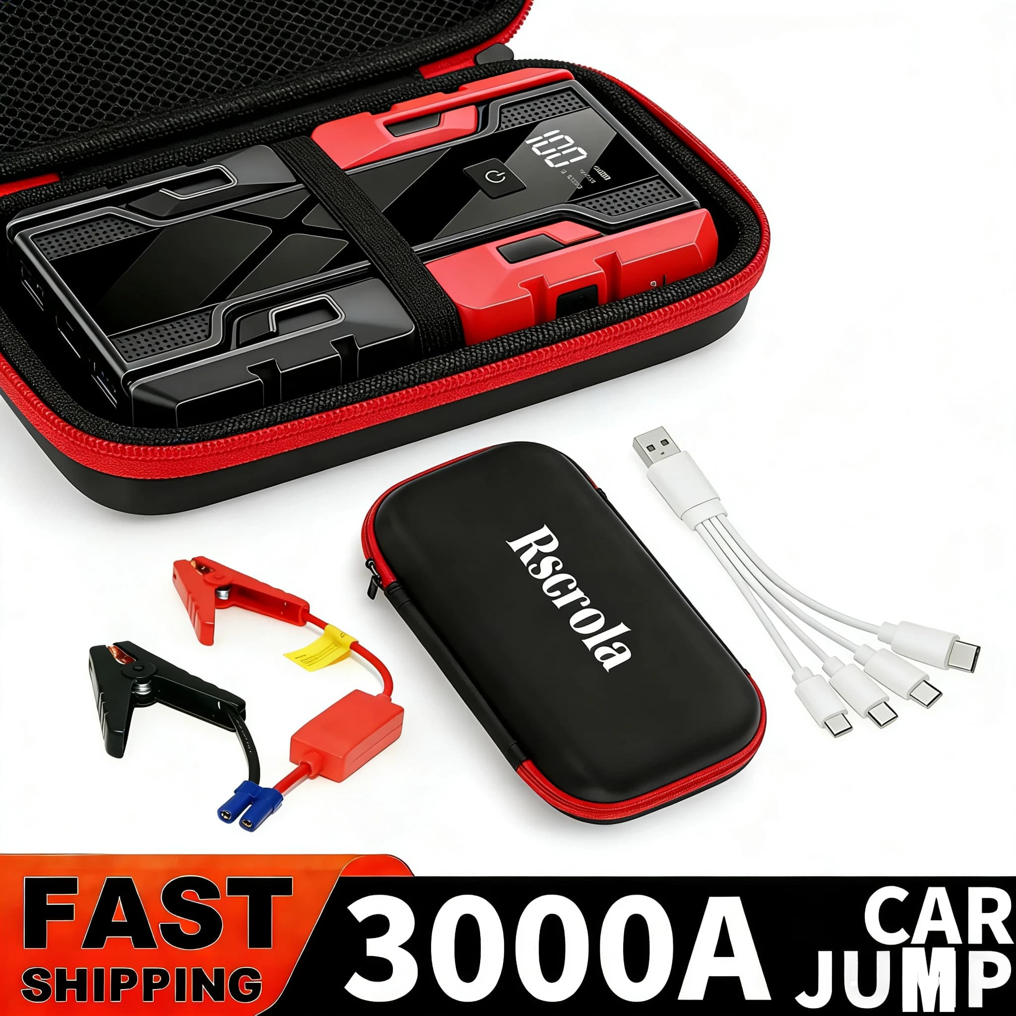 Avviatore di Emergenza per Auto 3000A 99800mAh 12V con Power Bank per Batterie Benzina/Diesel e Luce LED