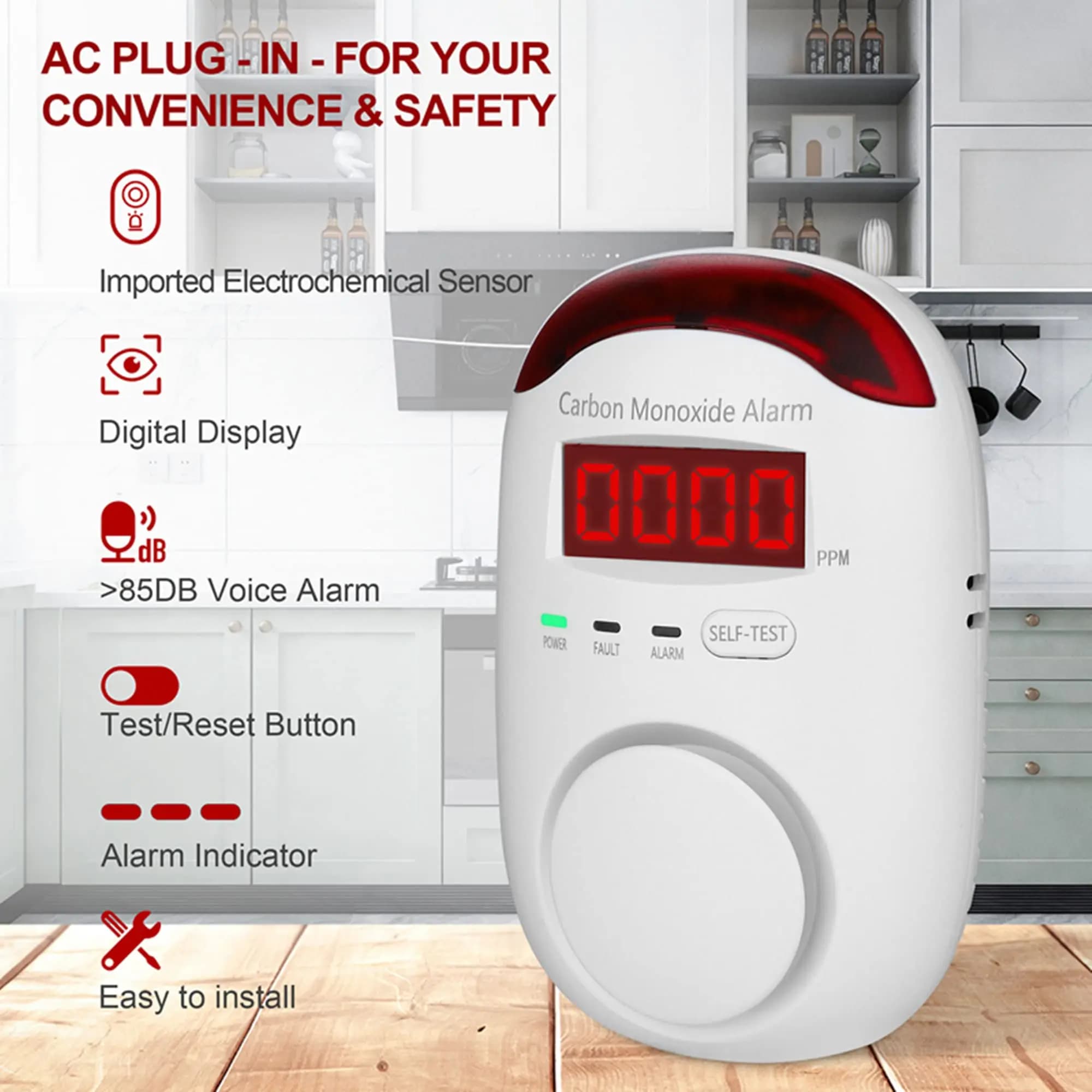 KH996 Carbon Monoxide Detector Plug in - Portable Carbon Monoxide Detector for Travel,Plug in CO Detector with Digital Display for Apartment/Home/Kitchen,Easy to Read & Install