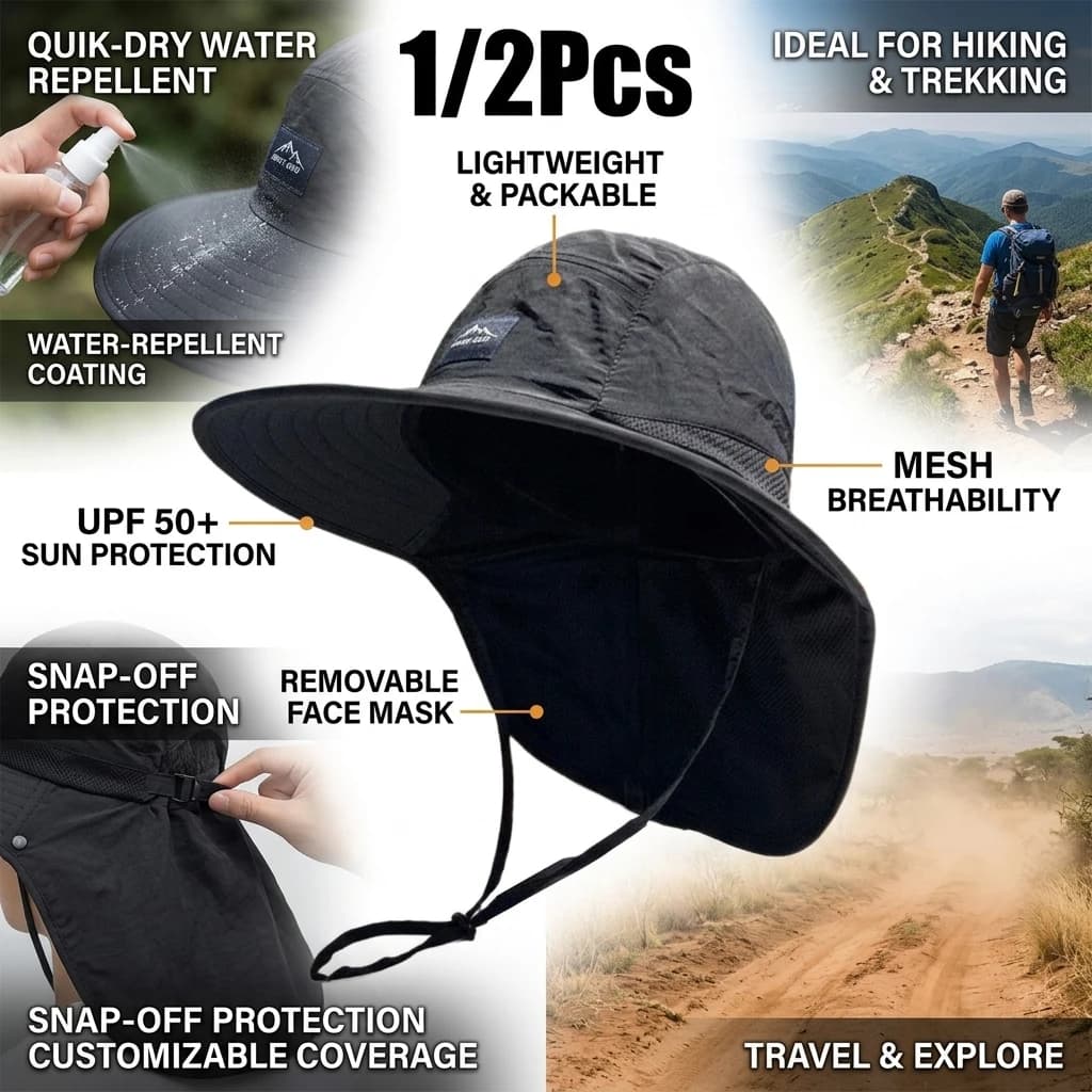1/2Pcs Wide Brim Bucket Hat with Neck Flap Waterproof Quick-drying Panama Cap for Women Men Fishing Camping Hiking Summer Travel