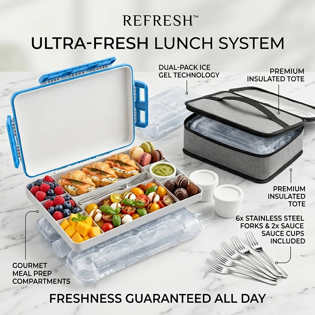Chilled Snack Box (with ice pack), portable travel lunchbox with lid, keeps cheese and fruit fresh for hours, divided plates suitable for family road trips, beach picnics, car-mounted lunchbox for beach days, reusable white plates.