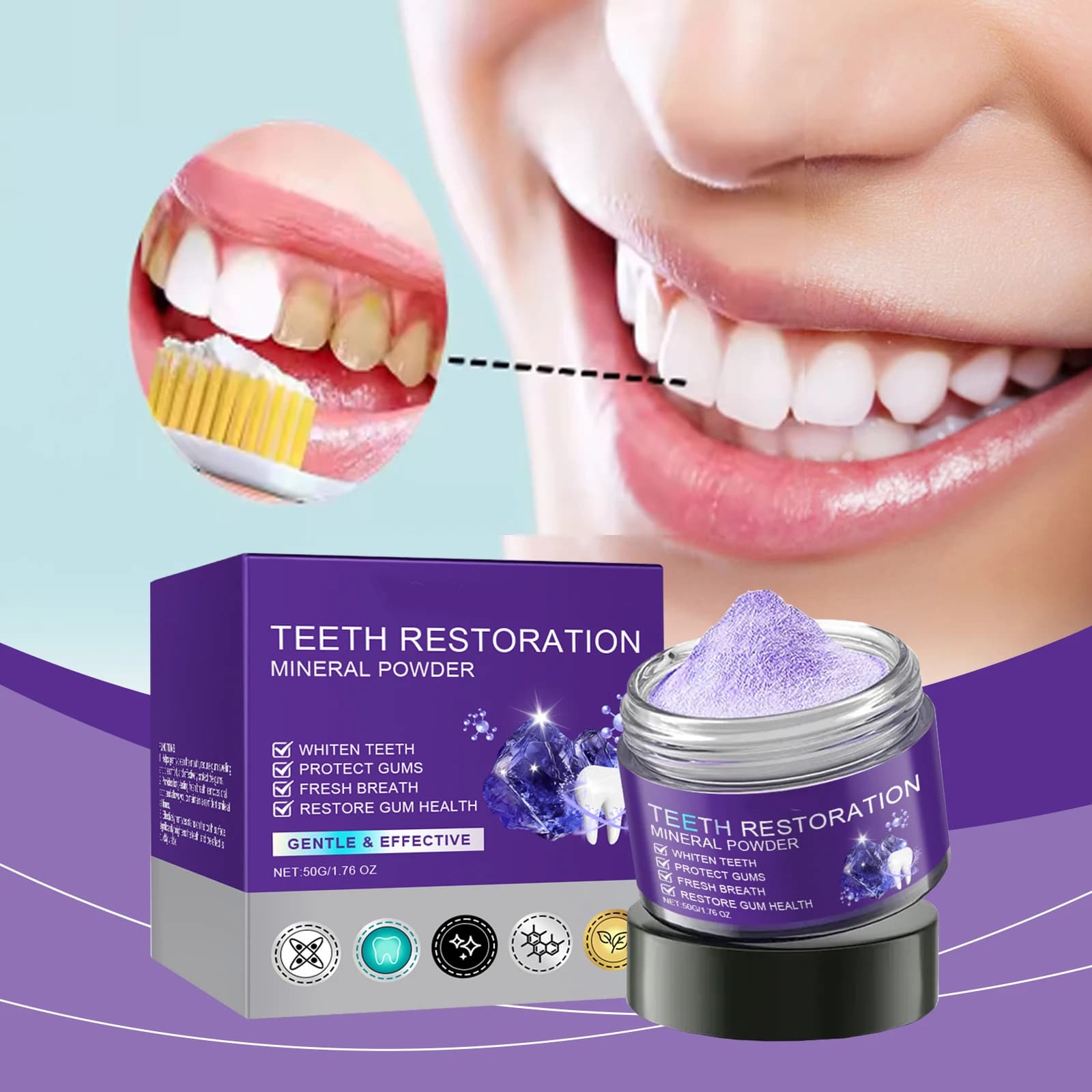 Polvere Minerale Viola per il Ripristino dei Denti, Sbiancante e Illuminante, Sicura per lo Smalto, Polvere Dentifricia per Rinforzare i Denti, Riparare il Tartaro e le Gengive