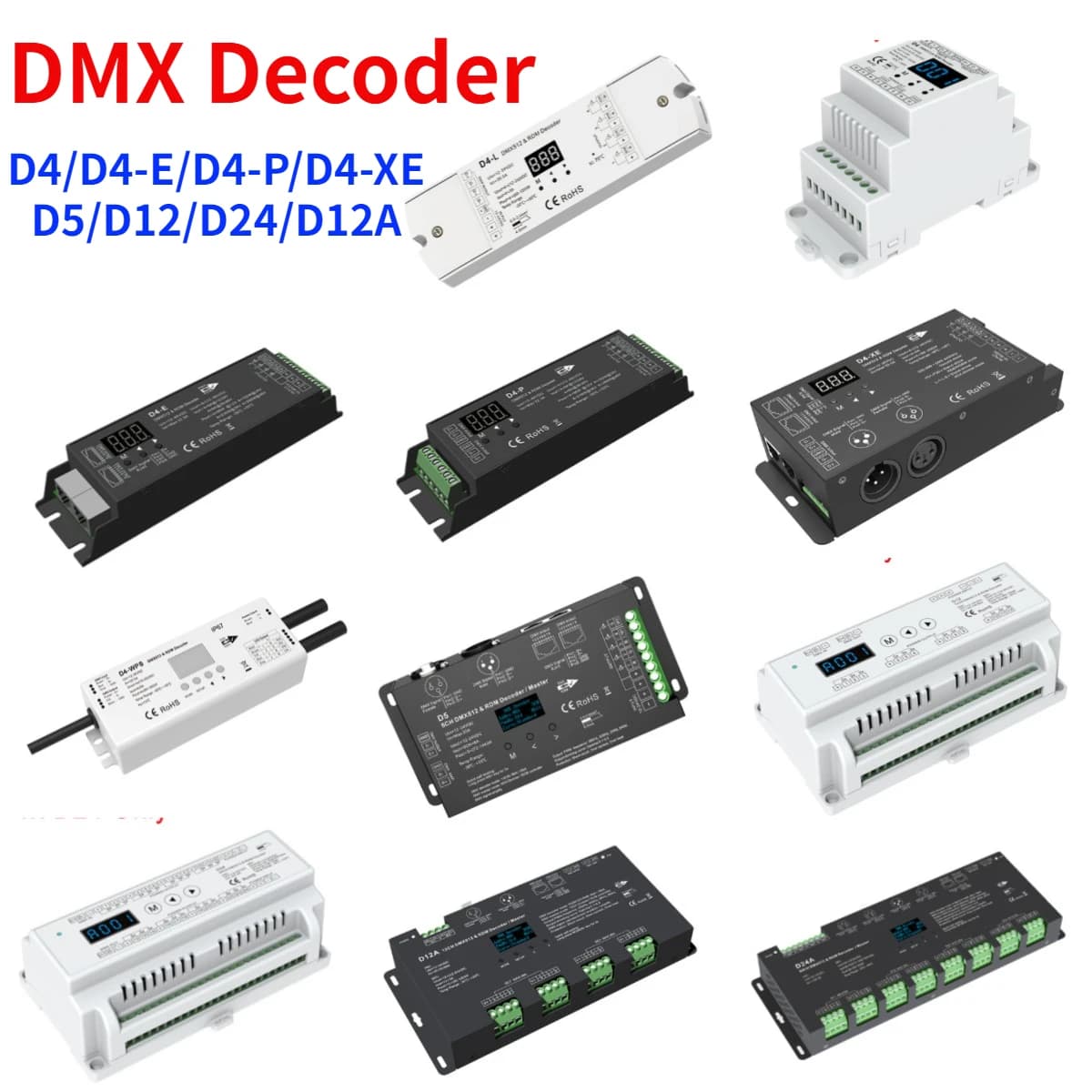 Decodificatore DMX Skydance numerico D4 D4-E D4-P D4-XE D5 D12 D24 D12A Controllo RF/Binario DIN/Deminatore multiplo PWM per luci di striscia LED