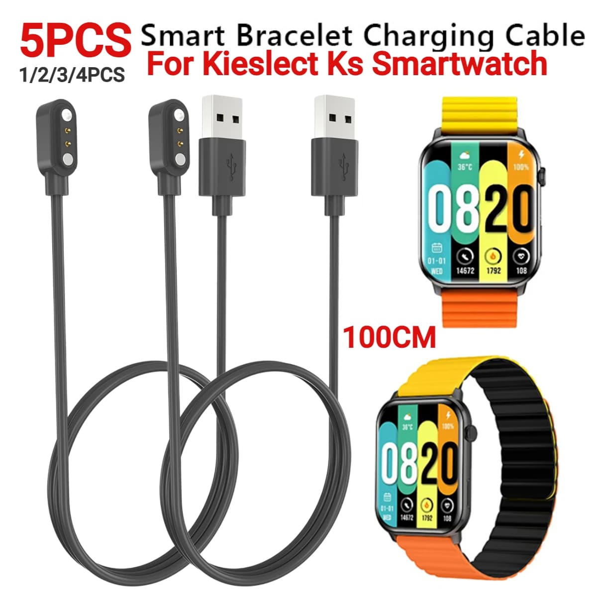 1-5PC 100CM USB Charger for Kieslect Ks Pro Smartwatch Magnetic Charging Cable Dock Power Adapter Smart Watches Accessories