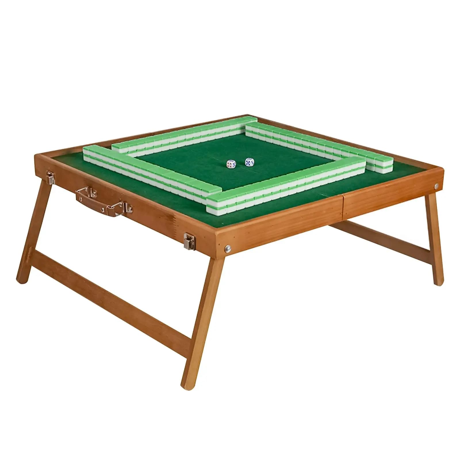 Folding Wooden Mahjong Table With Green Felt Top And Complete Tile Set For Portable Gaming