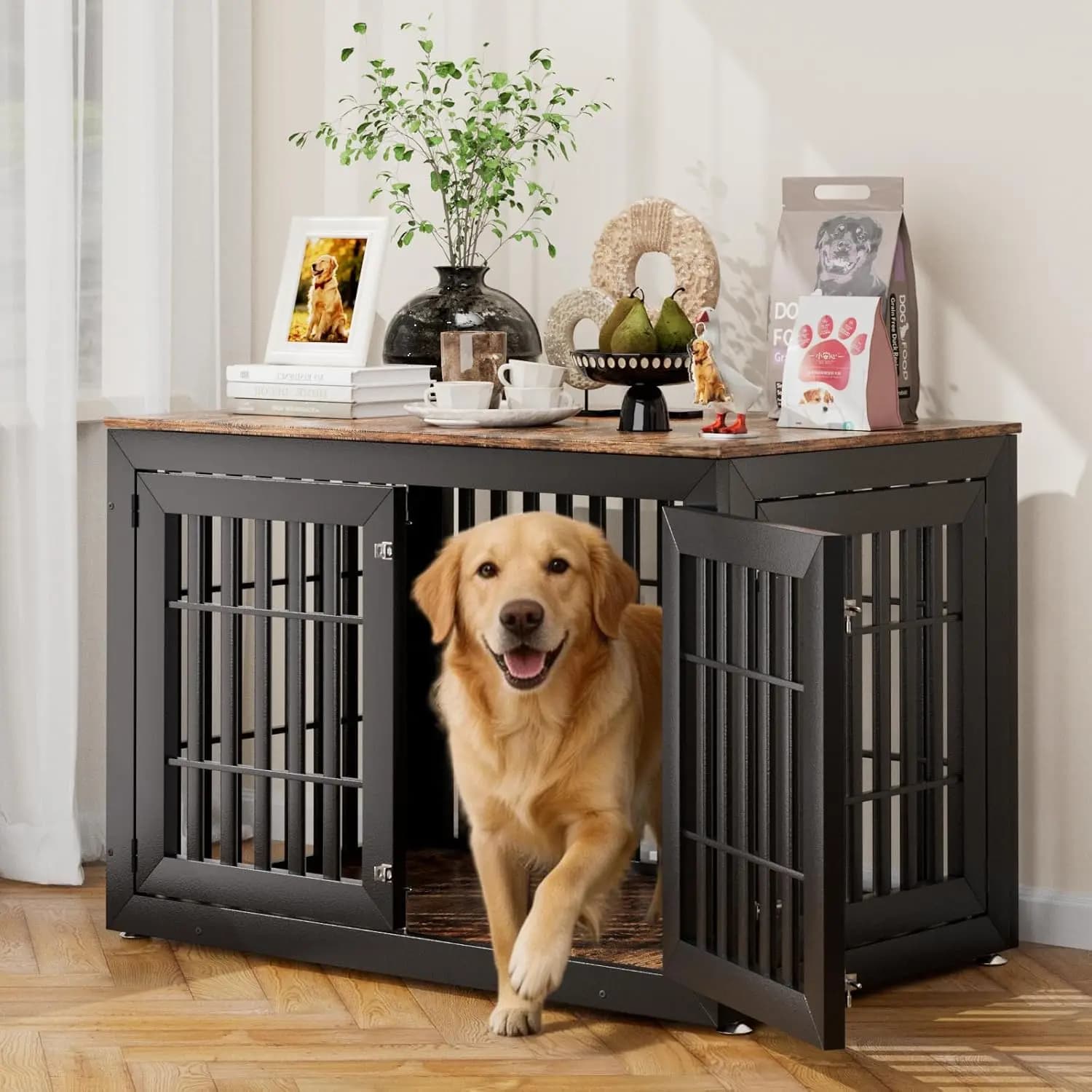 Cuccia per Cani di Taglia Grande in Legno Resistente da 48 Pollici, Tavolino da Interno Nero Personalizzabile