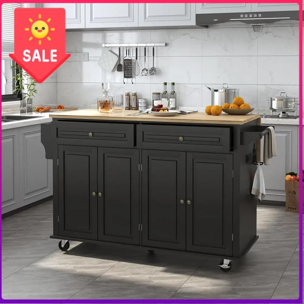 Bestseller59 Isola da Cucina Mobile con Piano in Legno, Bancone Colazione con Ripiano Ribaltabile, Armadietto Contenitore, Porta Spezie e Portasciugamani, Nero