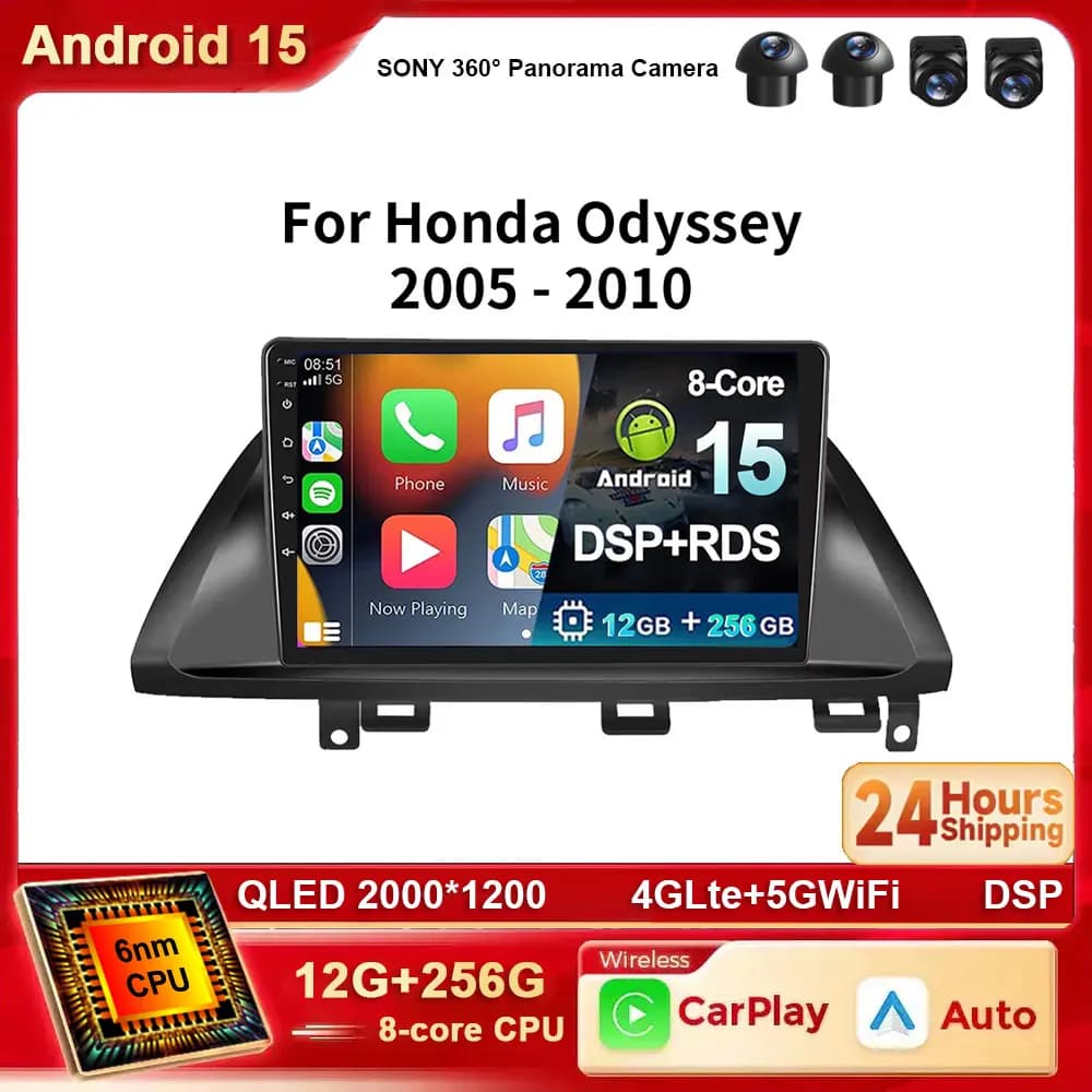 Android 15 Car Radio For Honda Odyssey 2005 - 2010 GPS Navigation Wireless 2K Carplay Auto Head Unit Qualcomm BT WIFI 4G LTE DVD