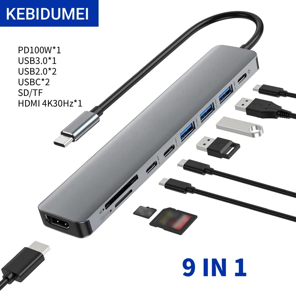 Hub USB 3.0 Tipo C KEBIDUMEI con Porta USB 2.0, Lettore di Schede TF/SD, Ricarica Rapida PD, Multi-hub, Docking Station 4K HDTV per MacBook e Laptop