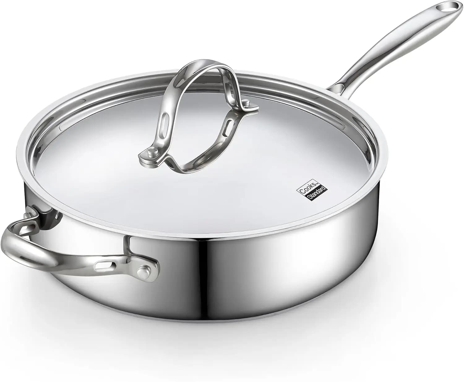 28 cm stainless steel pan with lid, 5 Quarts Compatible with Induction for Uniform Cooking