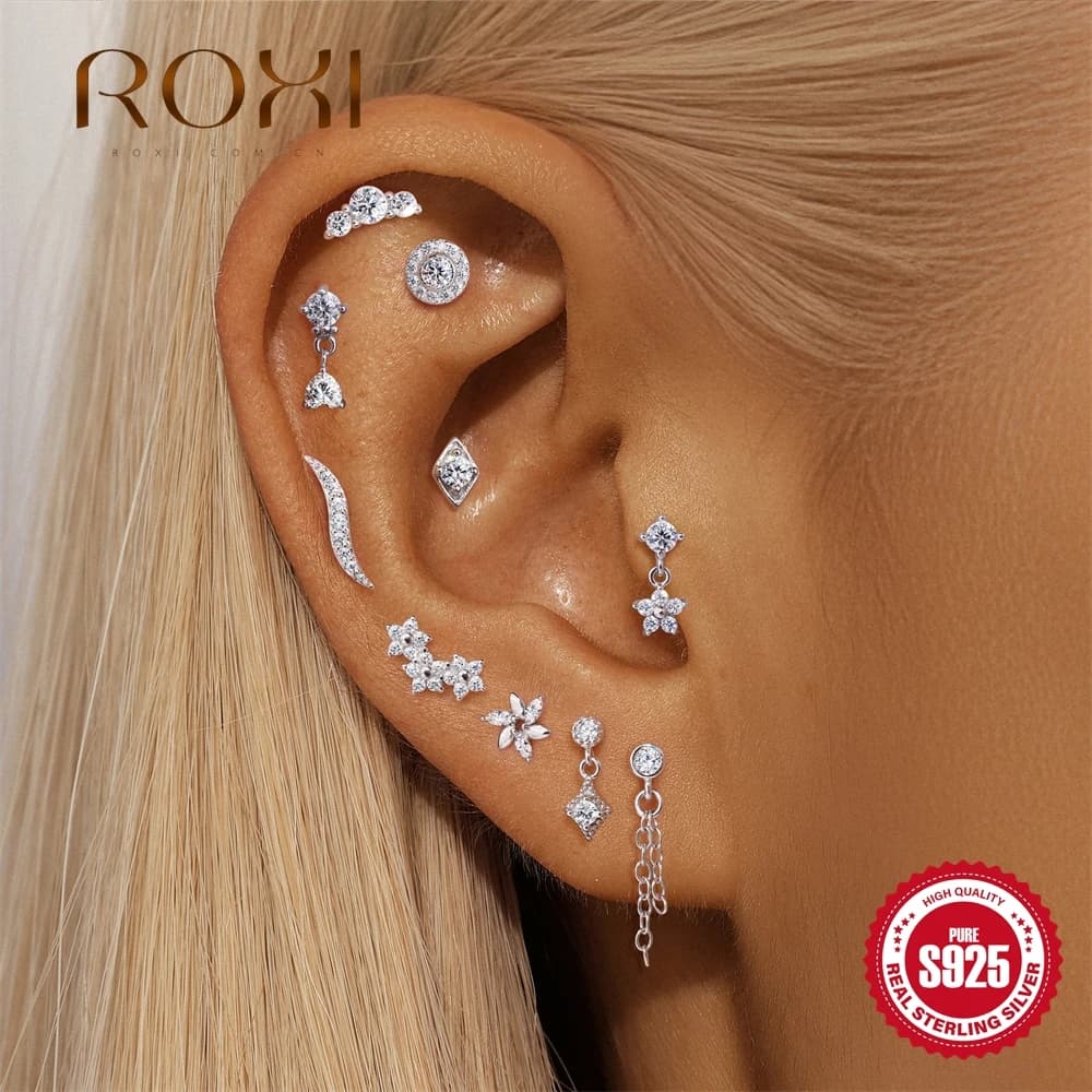 ROXI Orecchini a Perno con Pendente a Fiore in Argento Sterling 925 con Moissanite, Design Geometrico a Nappa, per Piercing a Dorso Piatto, Gioielli Raffinati da Donna