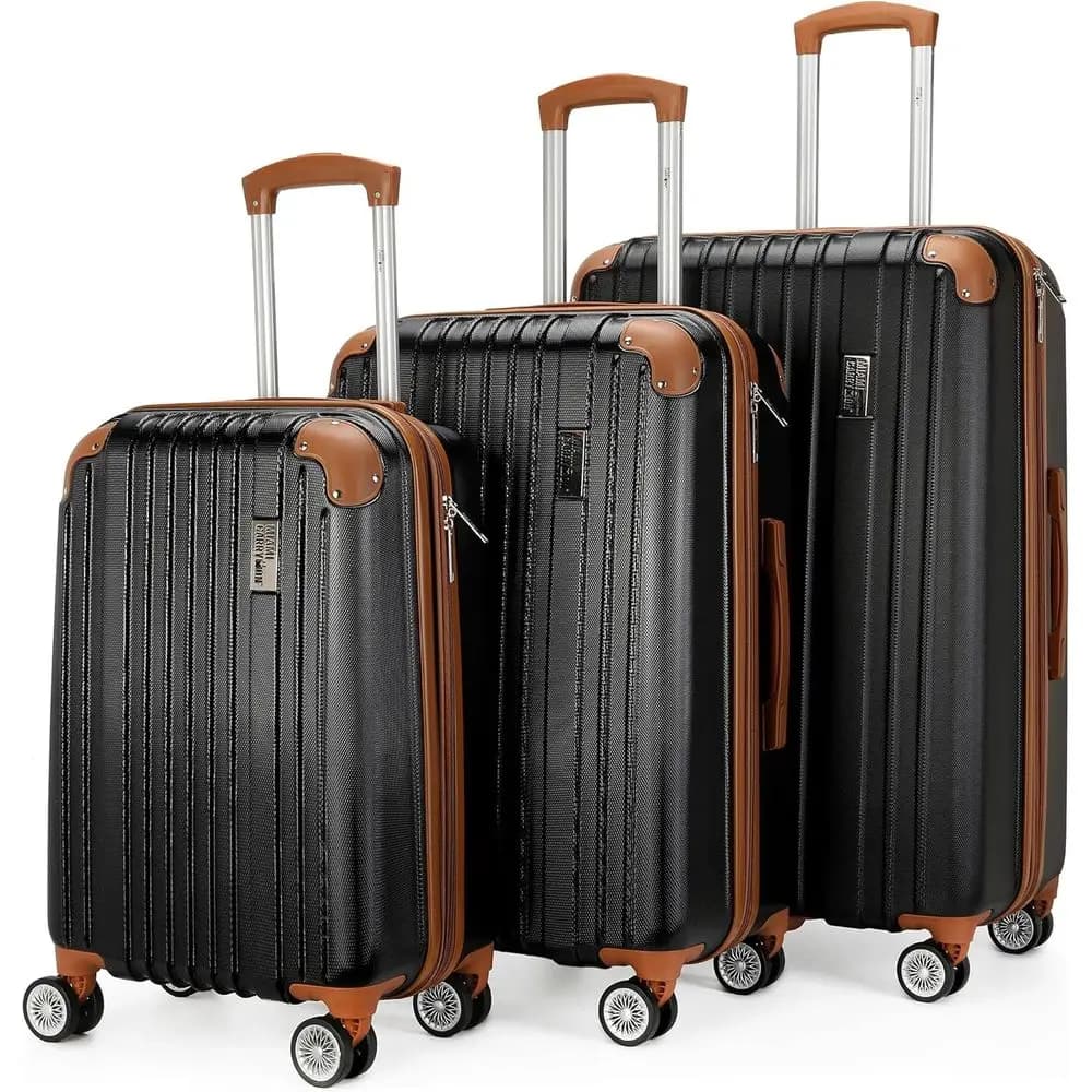 Carry-On 3-Piece Expandable Luggage Set with Lightweight Polyte-ABS, Double Spinner Wheels, Retro Black