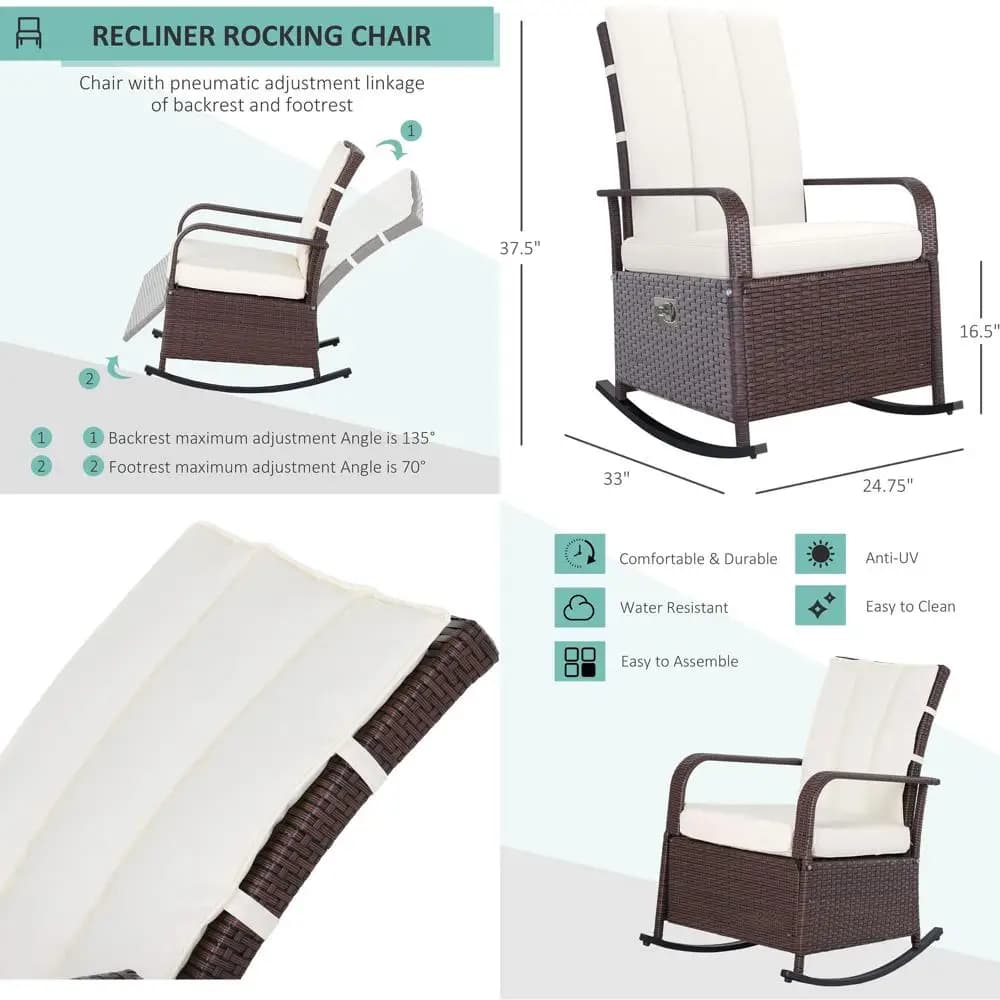 Outdoor rocking chair in wicker with adjustable backrest, reclining armchair padded for patio, garden, veranda - Beige