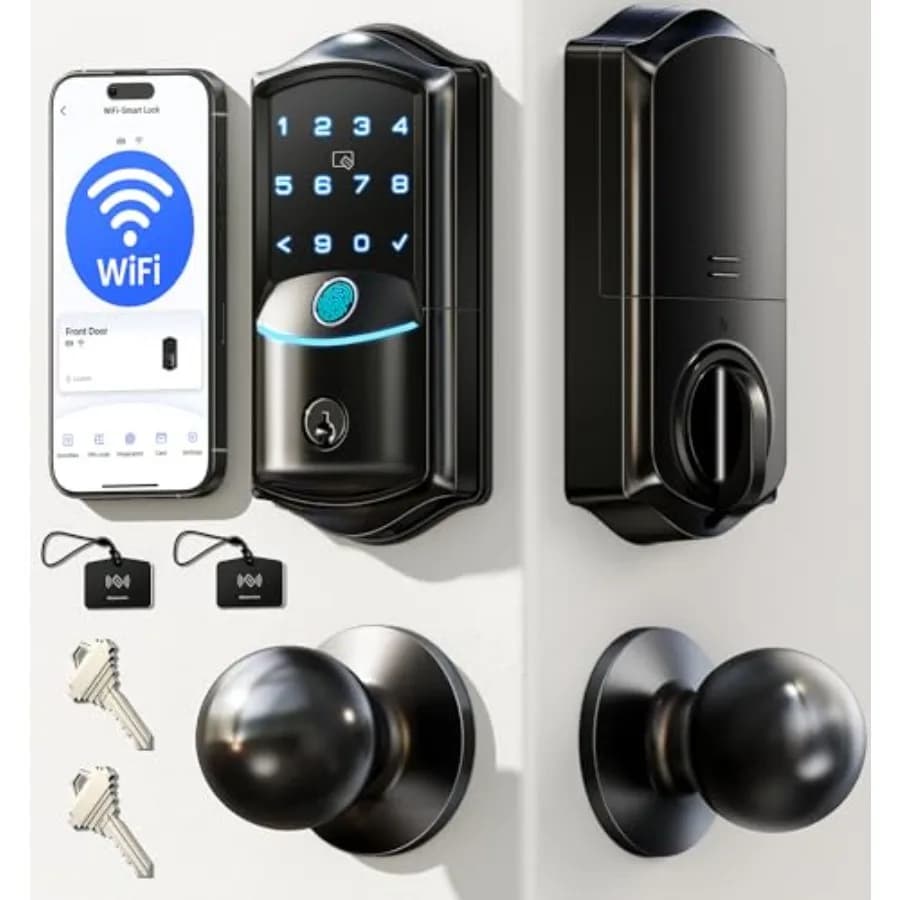 VE027-K Serratura Intelligente WiFi Integrata con 2 Manopole, Set Maniglia per Porta d'Ingresso con Impronta Digitale e Accesso Senza Chiave, Controllo Remoto tramite App
