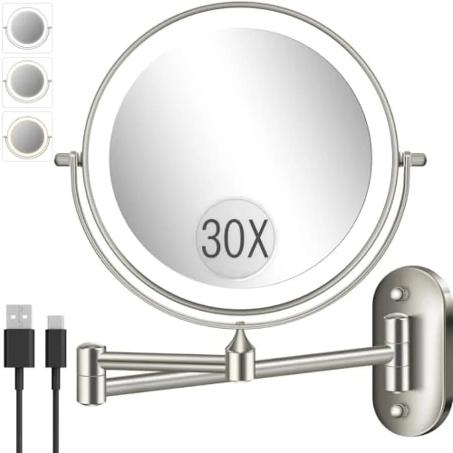 Specchio da Trucco Illuminato da Parete 30X/1X, 8'' Bifacciale Ricaricabile con Ingrandimento, Specchio da Bagno con Luce a 3 Colori