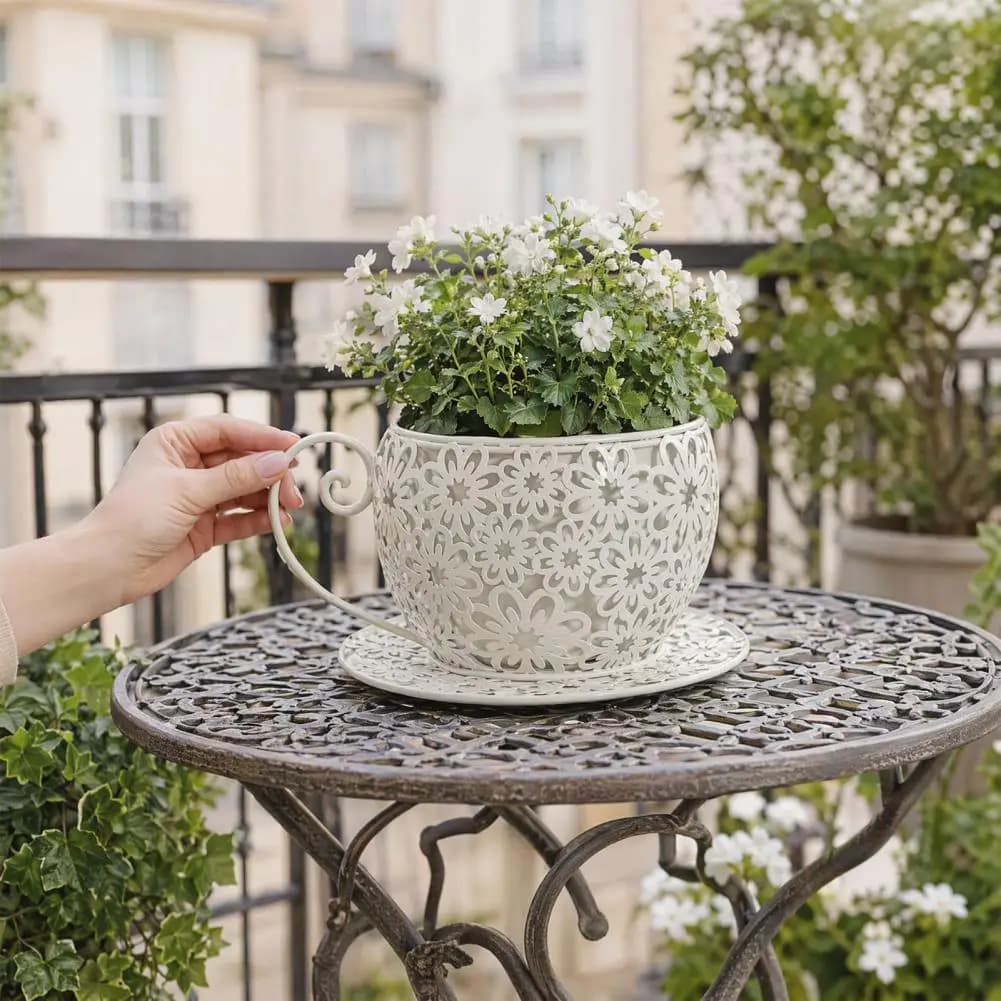 Decorative Flower Pot Tea Cup Planter with Elegant Floral Cutout Pattern Decorative Flowerpot for Indoor Outdoor Use Stylish