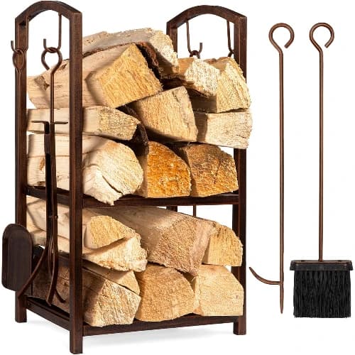 Set di 5 Pezzi Porta Legna in Ferro Battuto con Attrezzi per Caminetto: Gancio, Scopa, Pala, Pinze per Braciere e Stufa da Interno ed Esterno, Rame