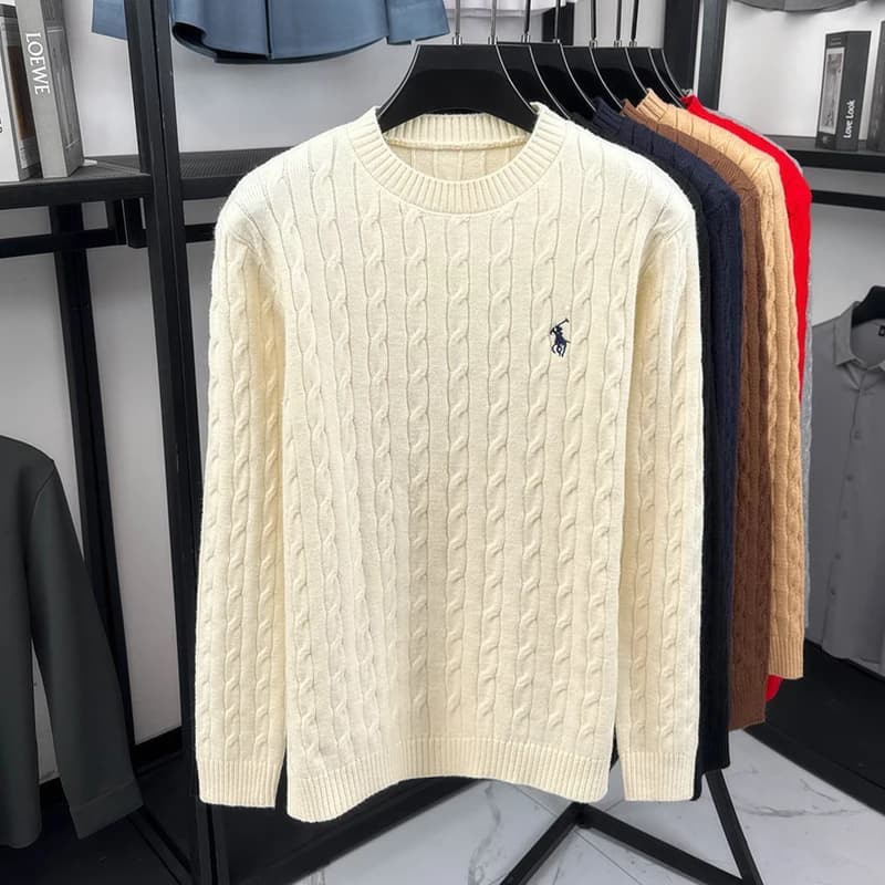 Maglione di lana girocollo da uomo, maglione lavorato a trecce ispessito, camicia lavorata a maglia semplice e alla moda