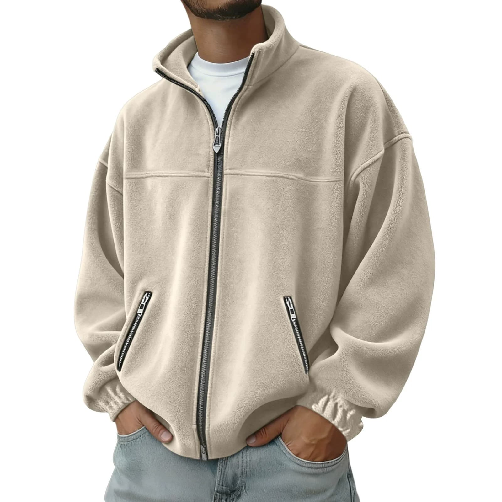 Autumn Winter Men's Stand Collar Hoodies Solid Color American Retro Hoodie Outerwear Men Loose Casual Daily Jacket Hoodies Coat