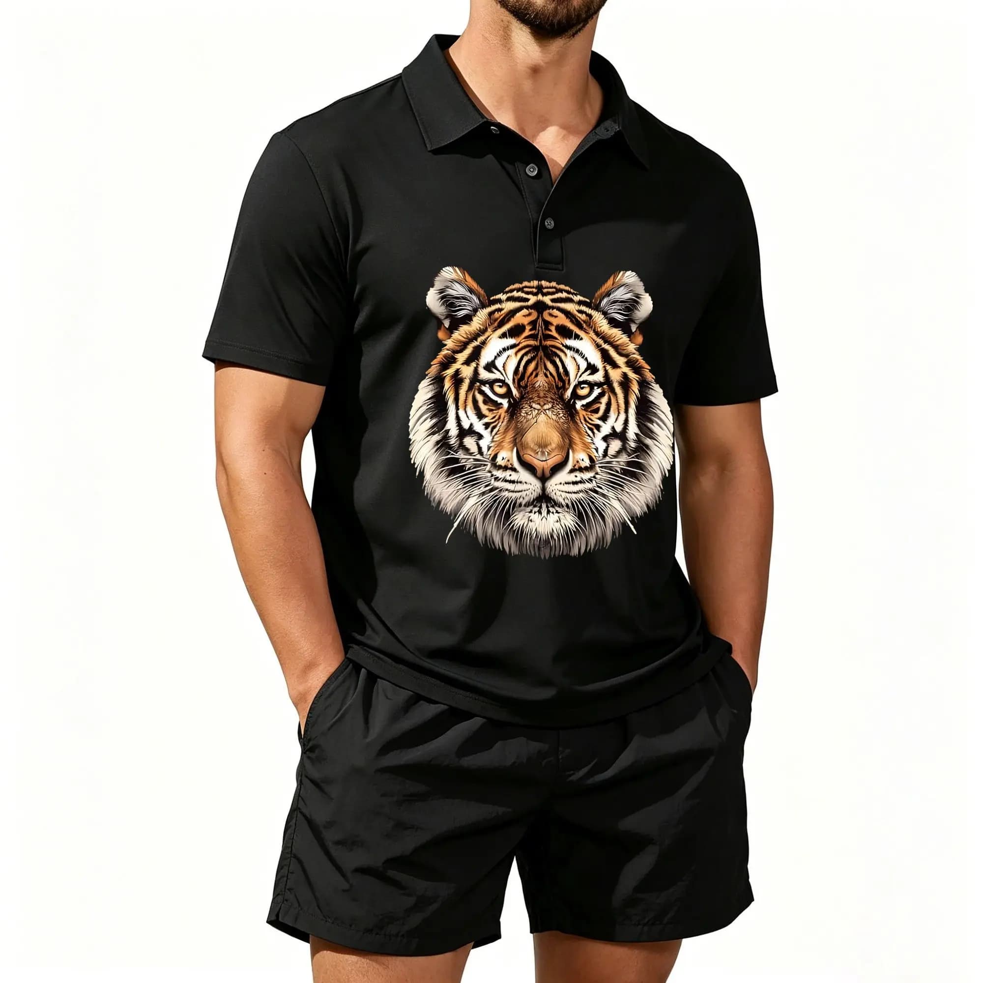 Men's Polo Shirt and Beach Shorts Set, Tiger Head Theme, Casual and Comfortable Fit