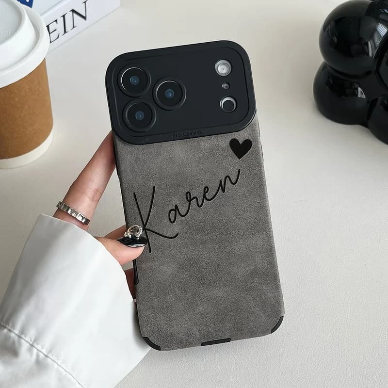Personalized Custom Name Signature with Heart 3D Laser Engraved Faux Leather Phone Case For iPhone 18 17 16 15 14 13 Pro Max
